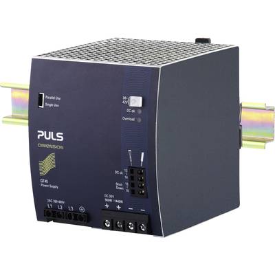 A black power supply unit with 'Puls Dimension' printed on it, mounted on a DIN rail. It has connections and indicator lights.