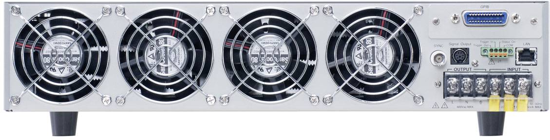 Back of a computer server with four fans and multiple sockets for power and network connections.