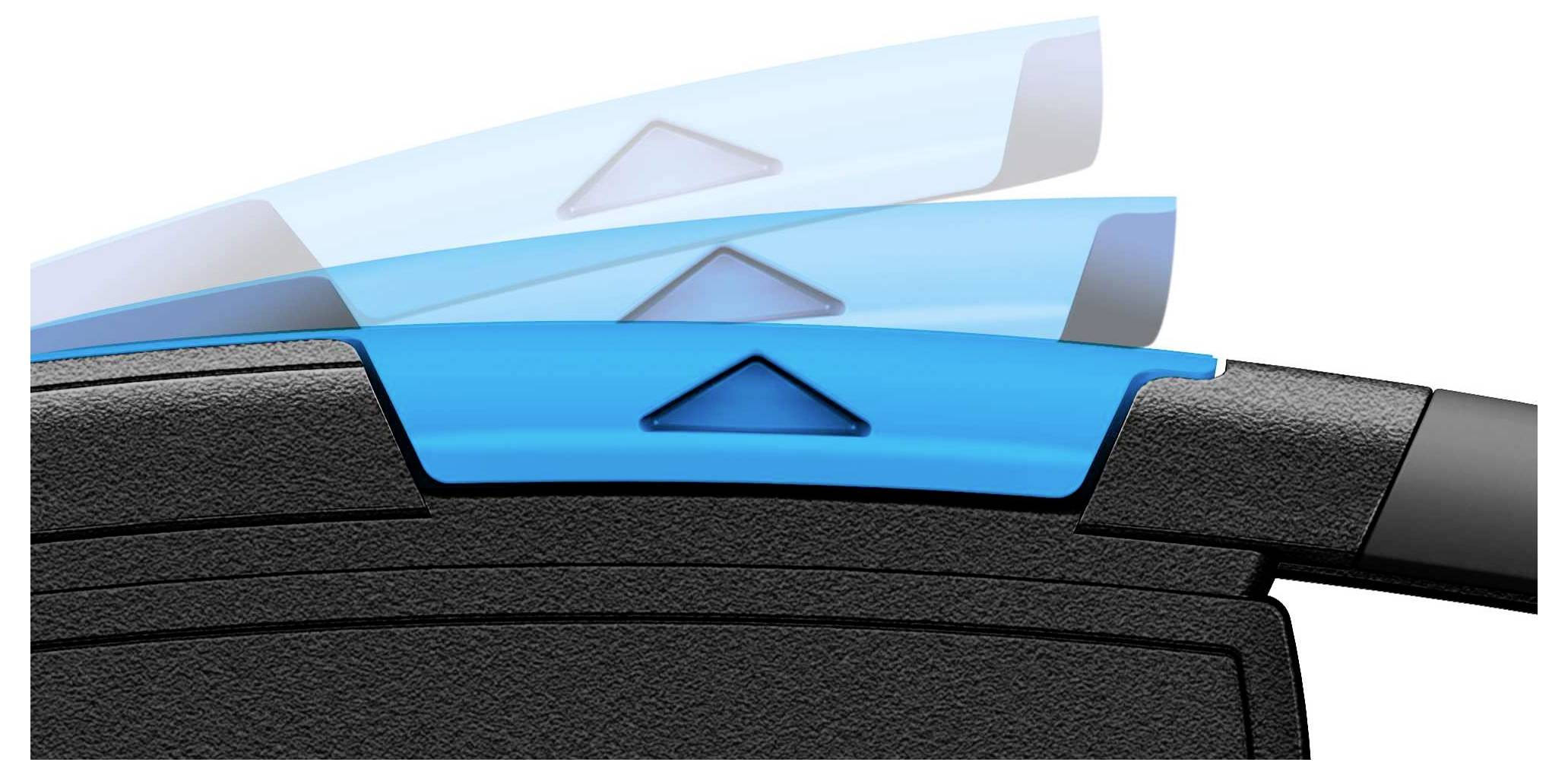 The detail shows a black blade with blue gliding stripes, which is bent forwards at three different angles.