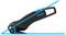 Black safety knife with blue "martor" logo. Plastic handle and blade, suitable for safely cutting materials.