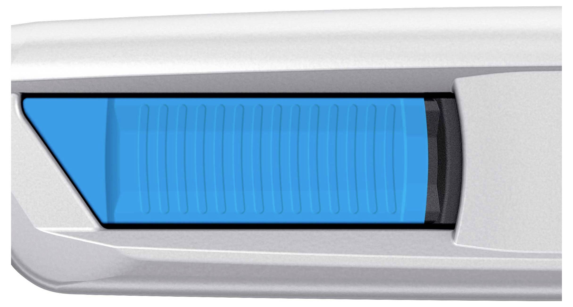 Close-up of a blue spirit level's bubble. The fluid in the bubble allows for precise checking of the level.