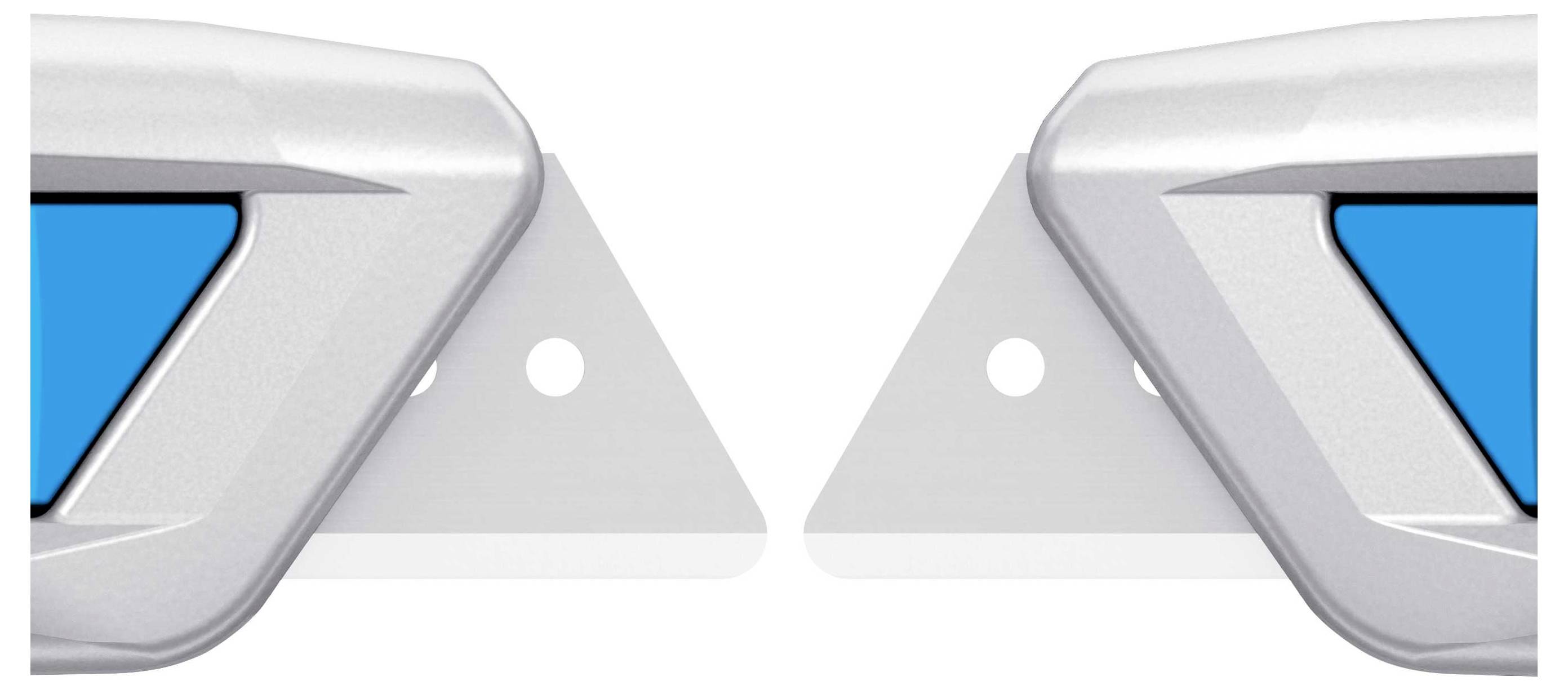 Two silver metal parts with blue triangles, symmetrically arranged, each with two mounting holes against a light background.