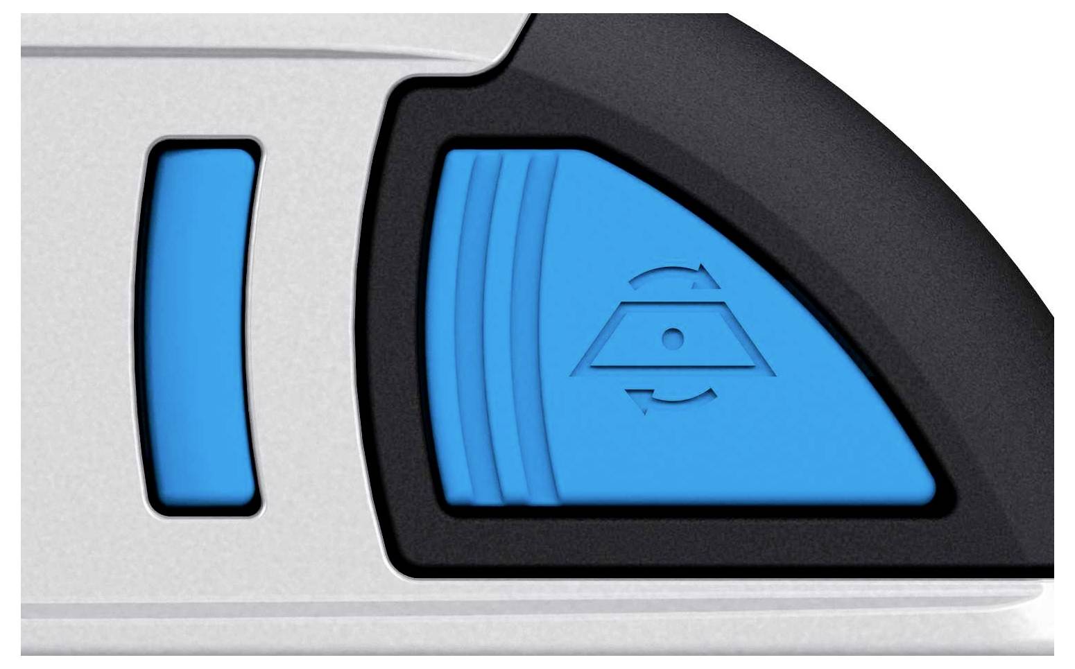 A section of a remote control or device with a blue button and symbols, surrounded by a silver and black casing.