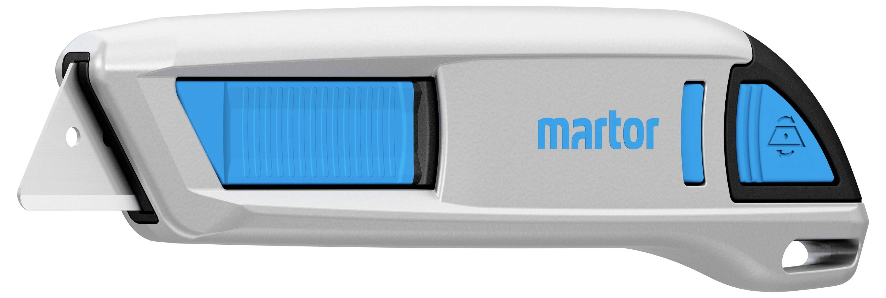 A silver-blue safety knife with integrated blade guard, ergonomic handle, and side sliding mechanism.