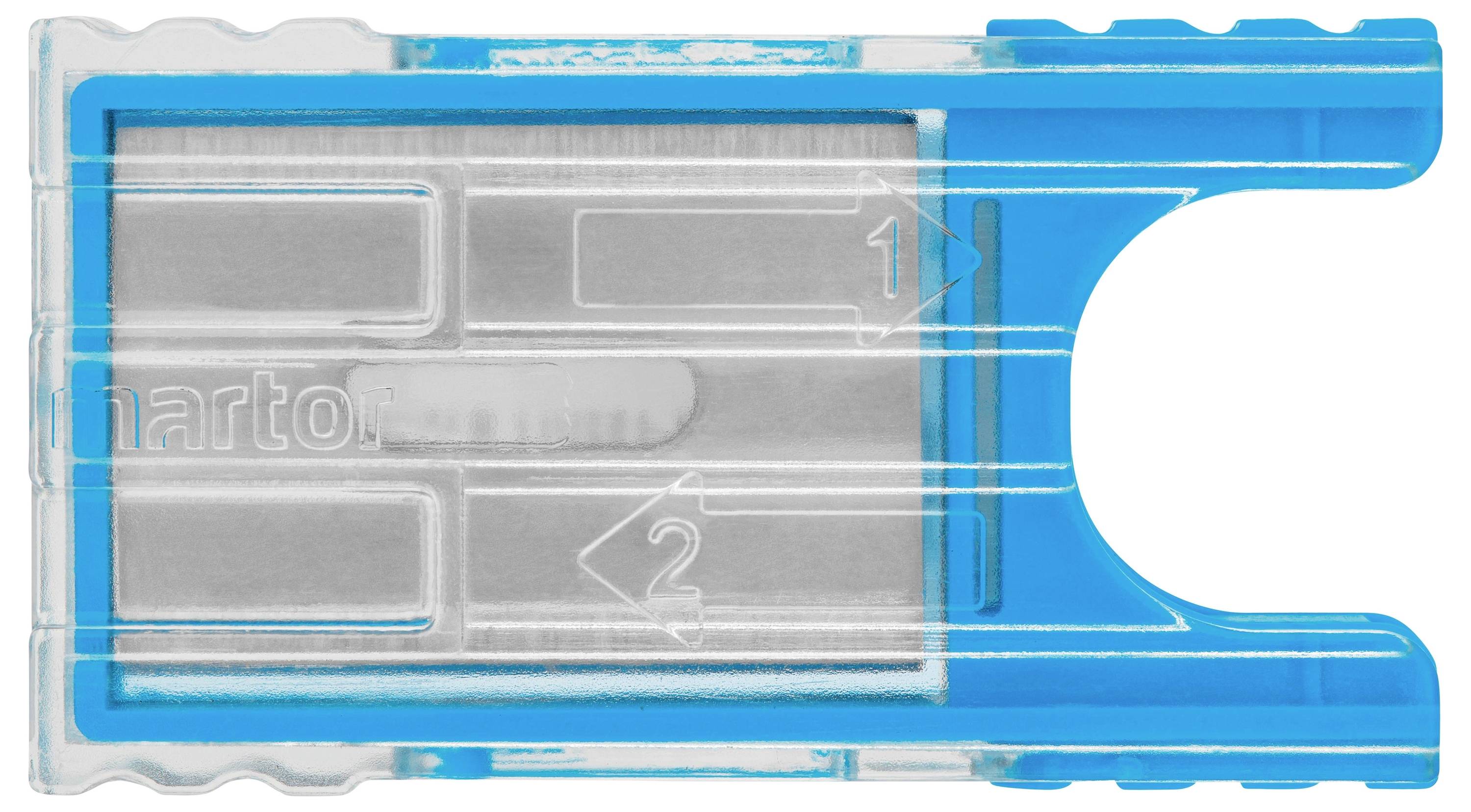 A blue pencil sharpener with two holes, marked with the numbers '1' and '2', suitable for different pencil sizes.