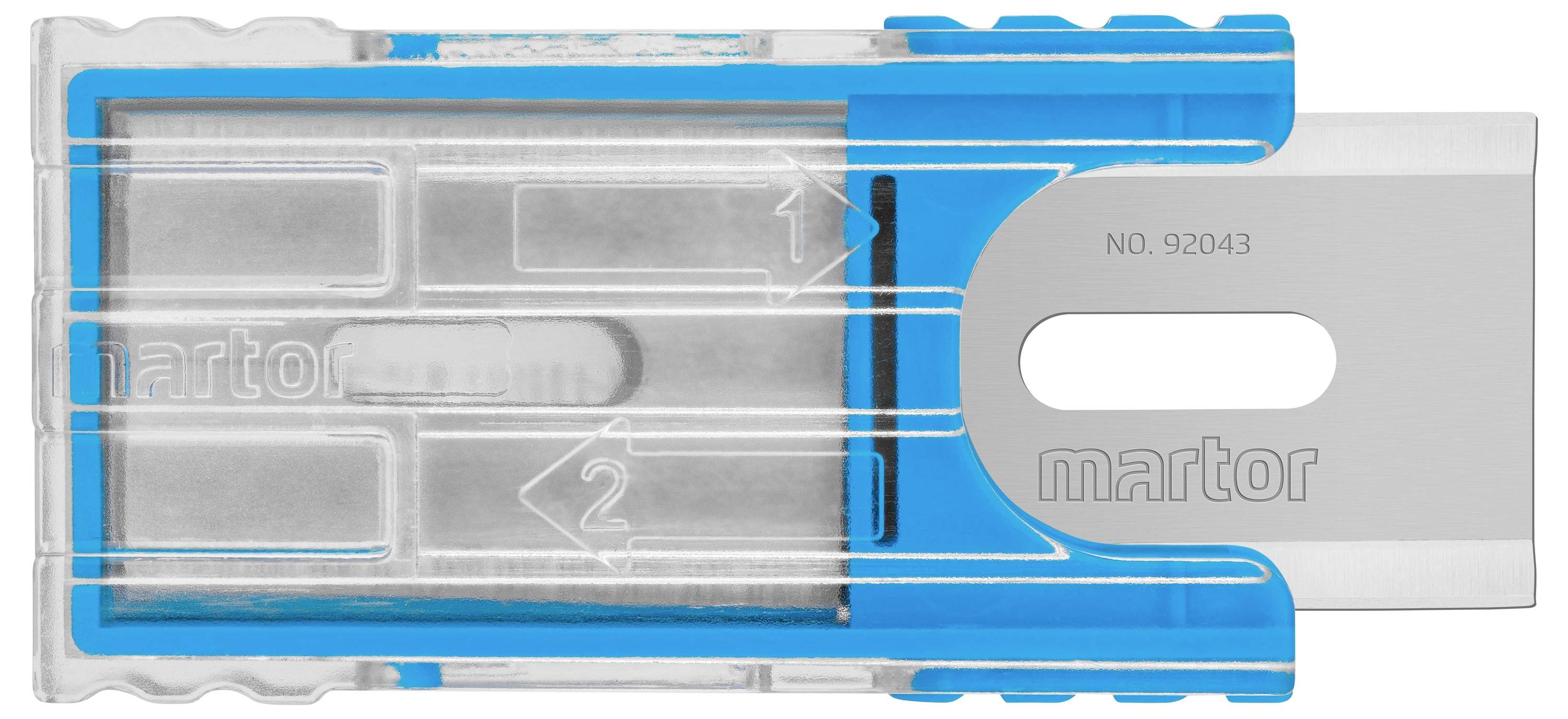 A safety knife with a blue plastic casing and an extendable, silver blade. The marked arrows indicate the blade mechanism.