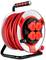 A cable reel with a red cable, four plug sockets and a black handle. Suitable for use indoors or outdoors.