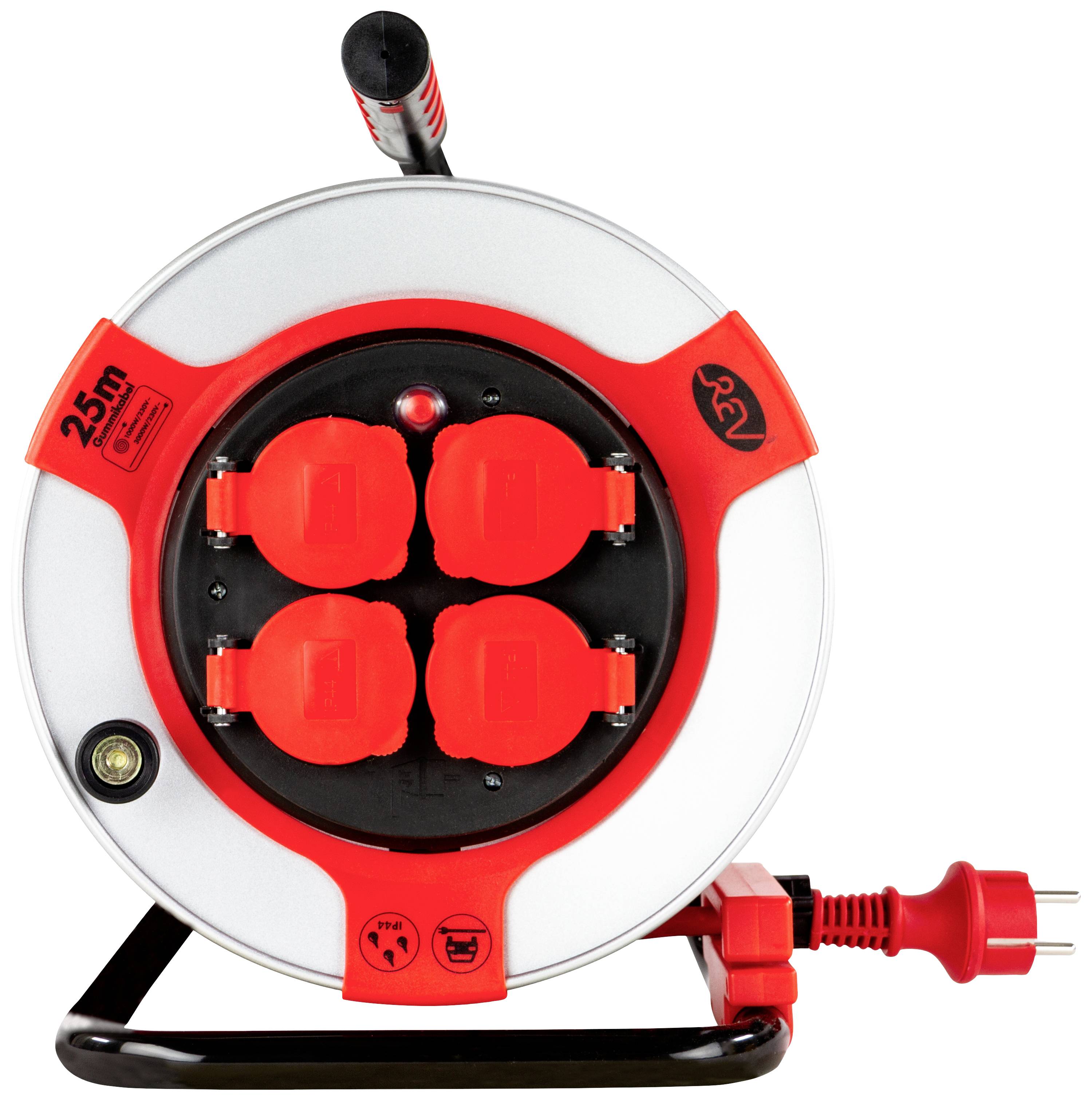 A red cable reel housing with four plug sockets, suitable for indoor and outdoor use. Displays 25 m cable length and 230V.