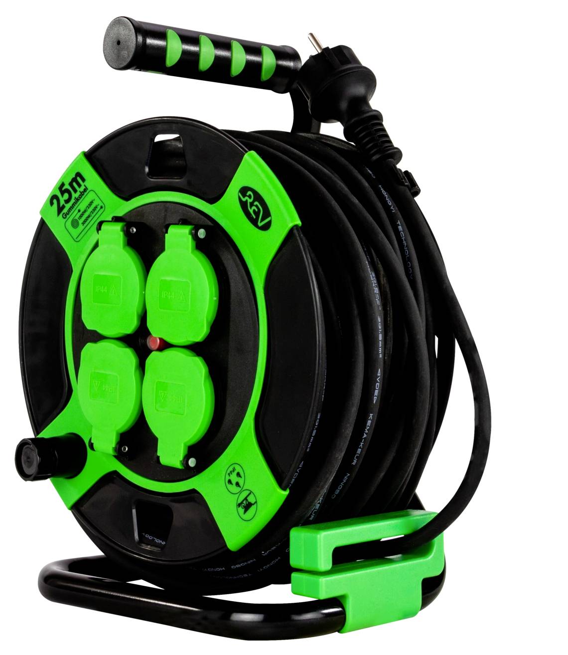 A black and green 25-meter extension cable reel with four outlets and a handle, coiled for storage, suitable for various electrical devices.