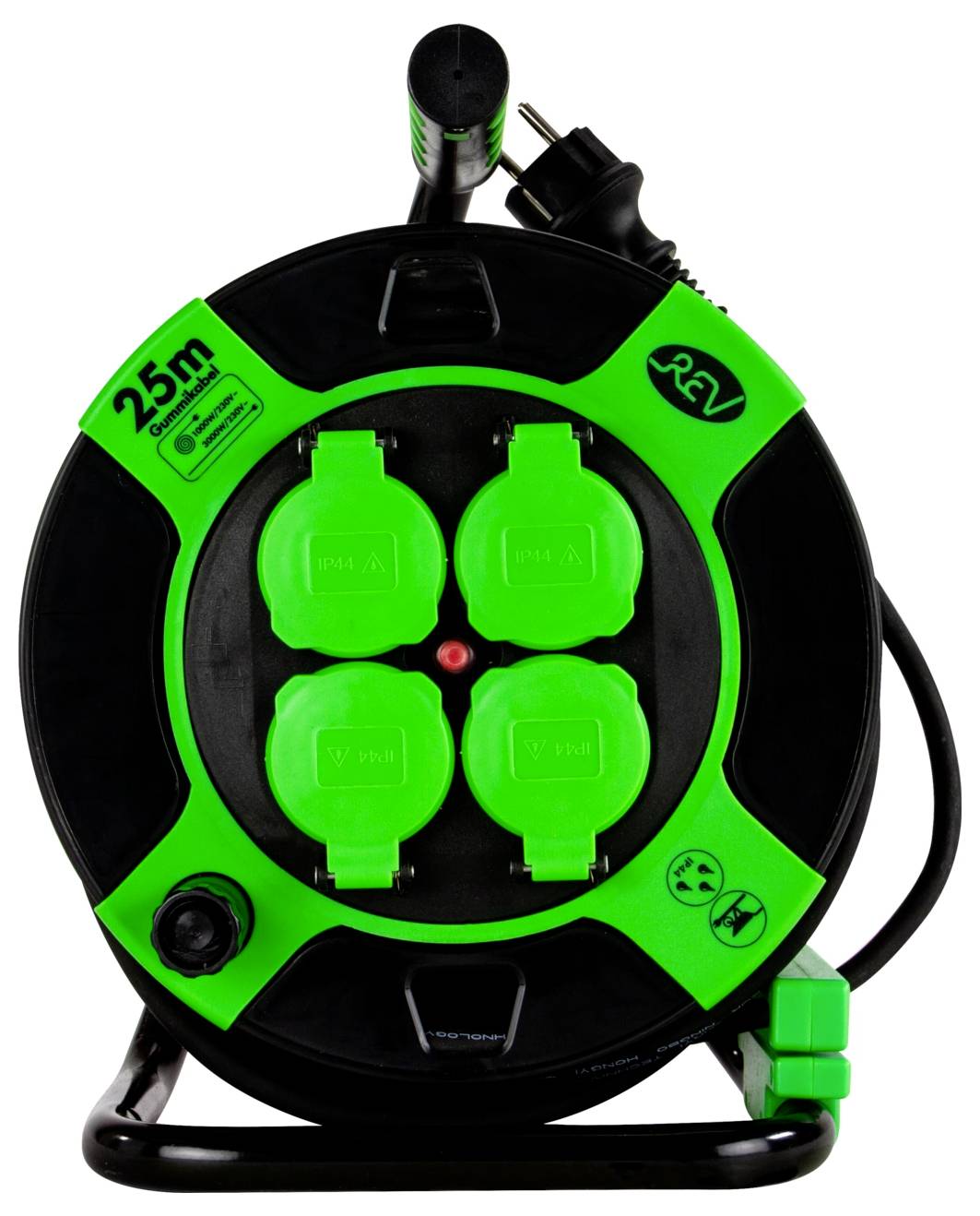 Green and black extension cord reel with four outlets and a 25-meter label on top, designed for electrical connections.