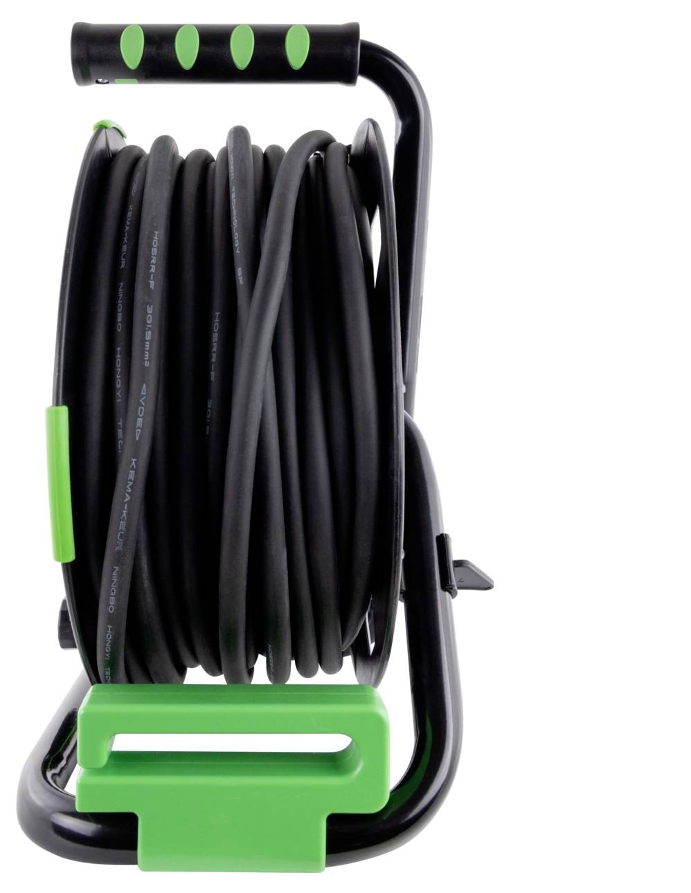 A black and green cable reel with a coiled extension cord. The handle and base are green, and the reel has a sturdy metal frame.