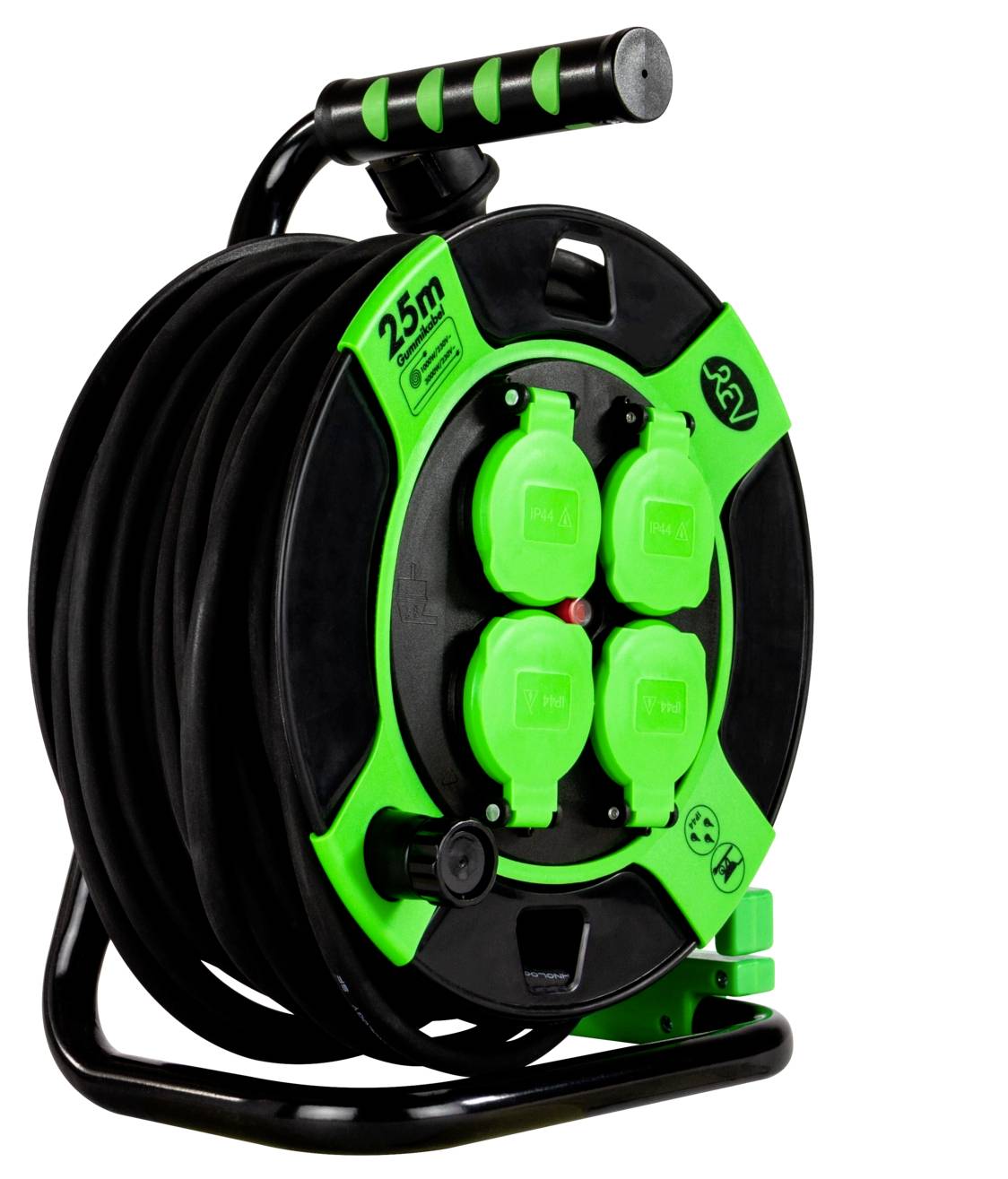 Black and green extension cord reel with four sockets, a handle for portability, and a 25-meter length label on the side.