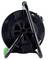 A black and green hose reel with a sturdy frame, viewed from the front, highlighting its functional design.