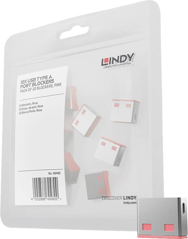 LINDY package for 10 USB Type A port blockers, pink, shown in clear hanging retail packaging with product images and barcode.