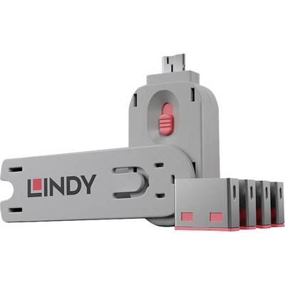 Product image of a gray LINDY rotating USB adapter with a red switch, showing interchangeable connector ends for multiple USB plug types.