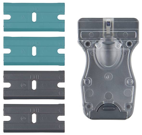 A plastic tool with a transparent casing, alongside four green and four black blades.