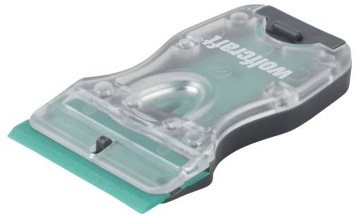 Plastic safety scraper with transparent housing and green blade guard. Commonly used for surface cleaning.