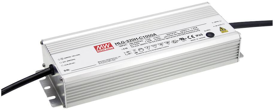 A silver Mean Well LED driver, Model HLG-320H-C1050A, with various technical specifications and CE marking.