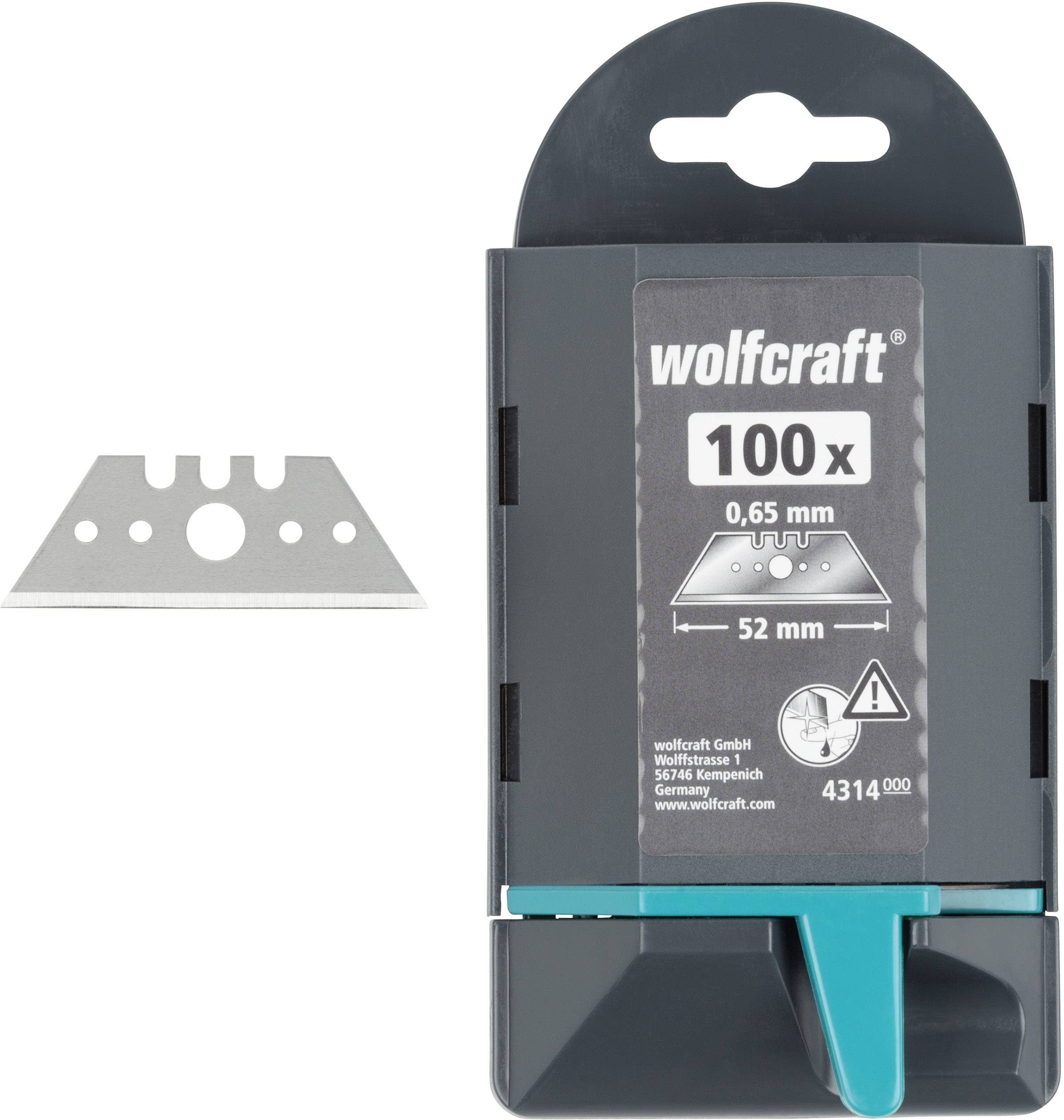 Packaging containing 100 replacement blades, 0.65 mm thick, 52 mm long. Includes manufacturer information from 'wolfcraft'.