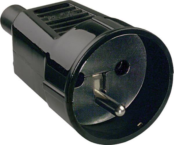 A black European plug with two round metal pins and an earth pin, suitable for European power sockets.