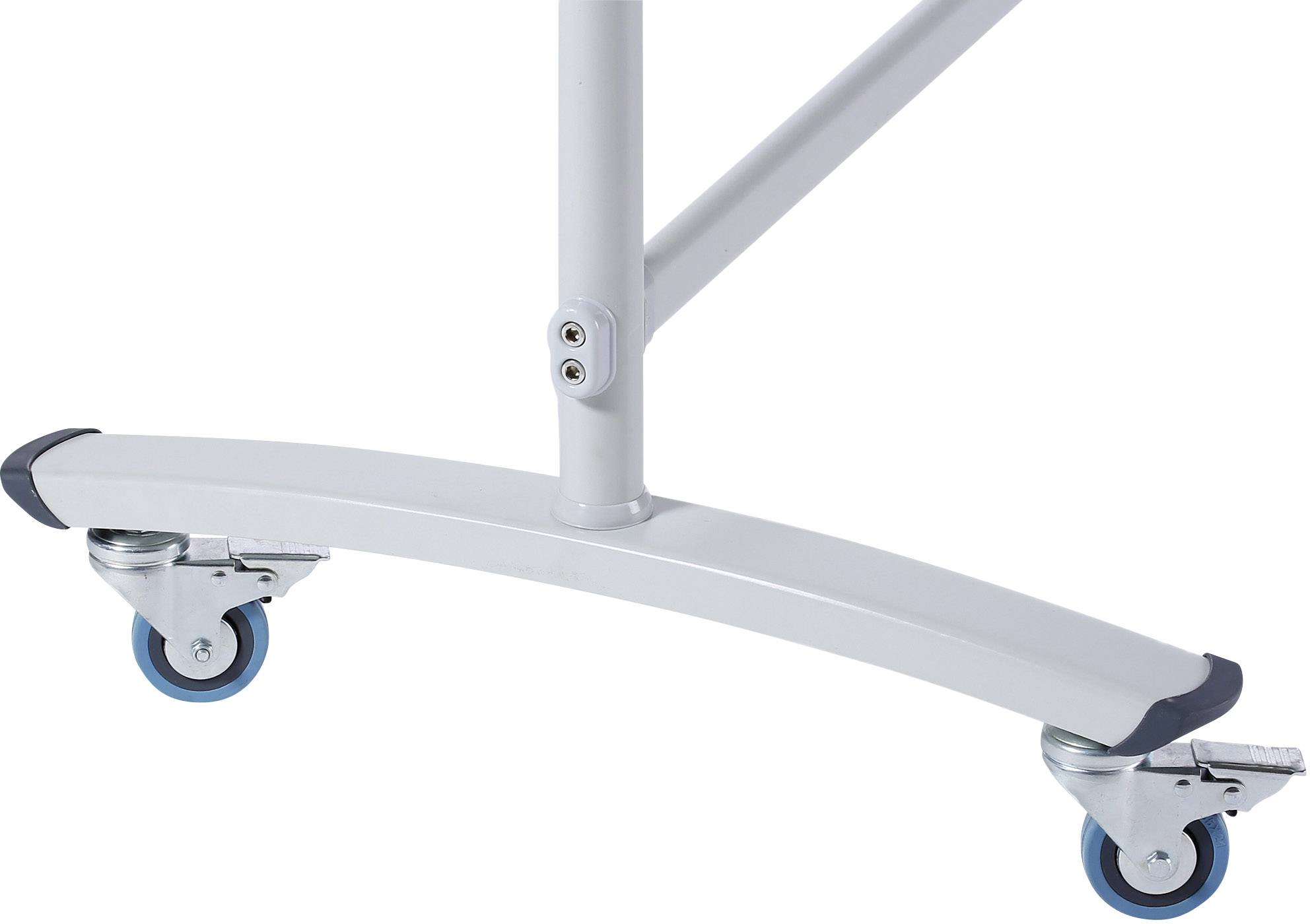 The close-up shows the curved metal base of a table with two blue castors.