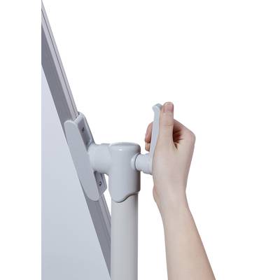 A hand turns the handle of a folding mechanism on a stand or whiteboard to adjust the height or angle.