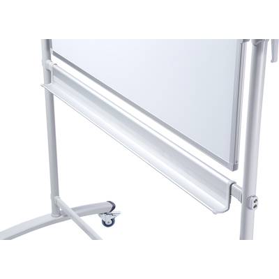 A movable whiteboard with a shelf and castors, suitable for presentations or meetings.