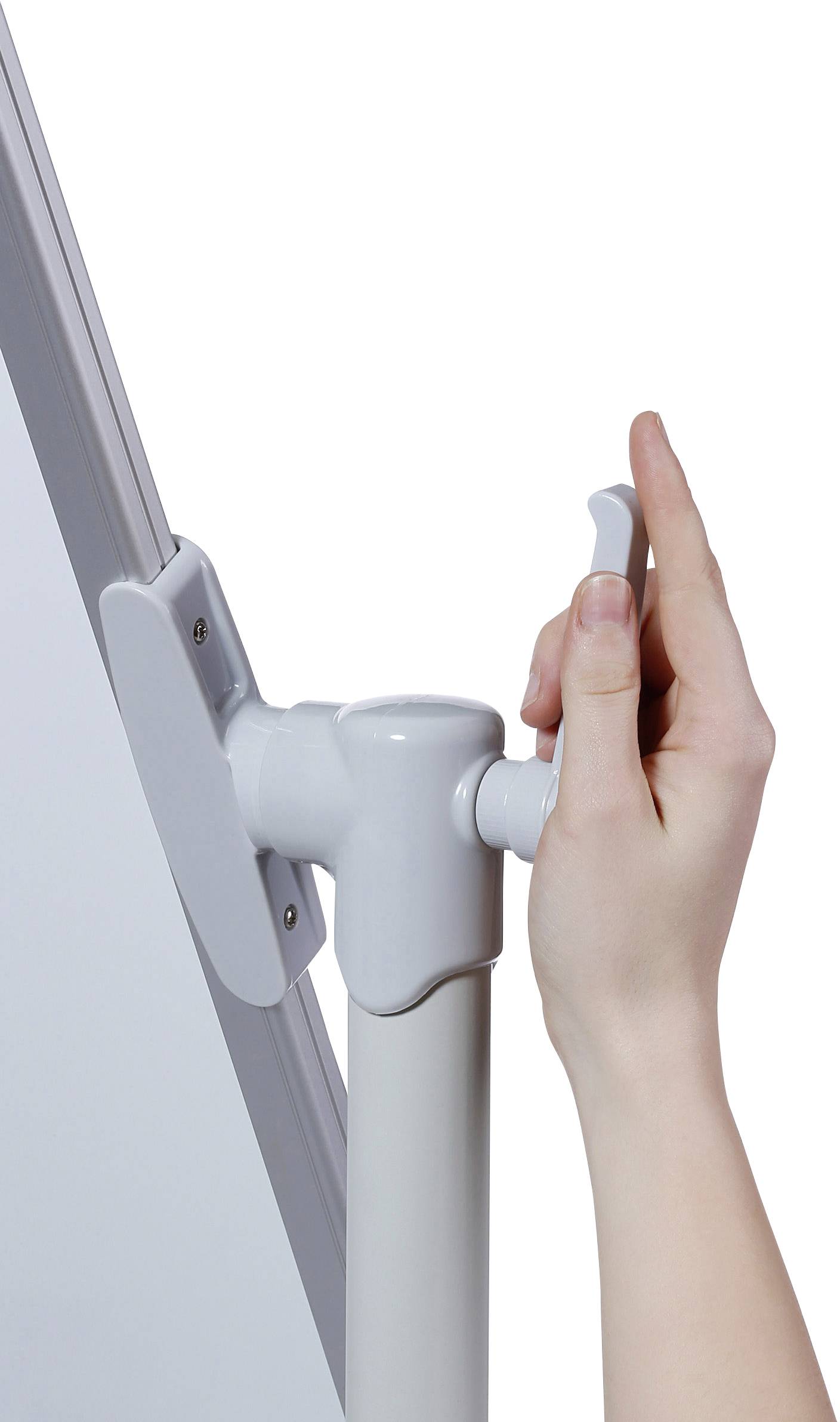 A person adjusts the height of an easel or flipchart by turning a side clamp.
