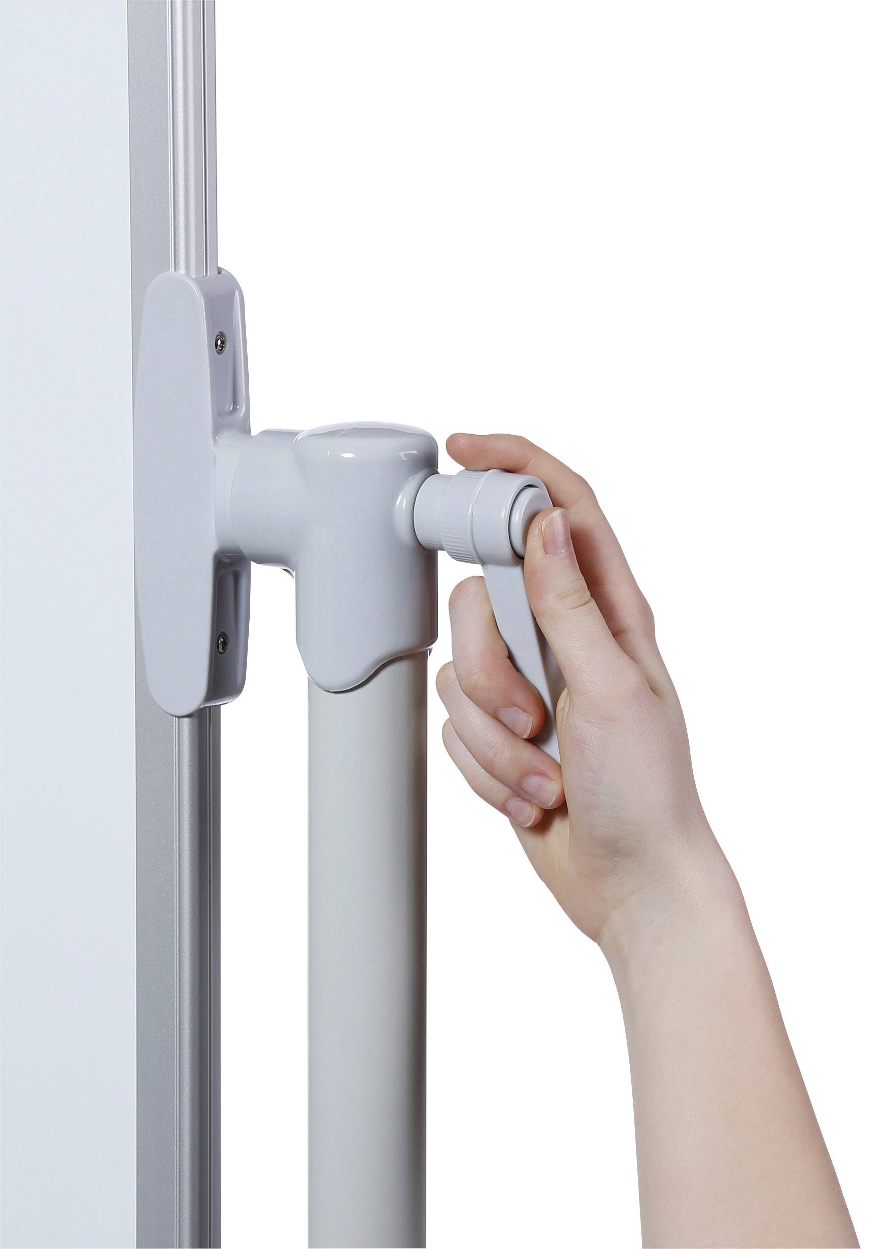 A hand turns the handle of a white lever attached vertically to an edge on a white rod.