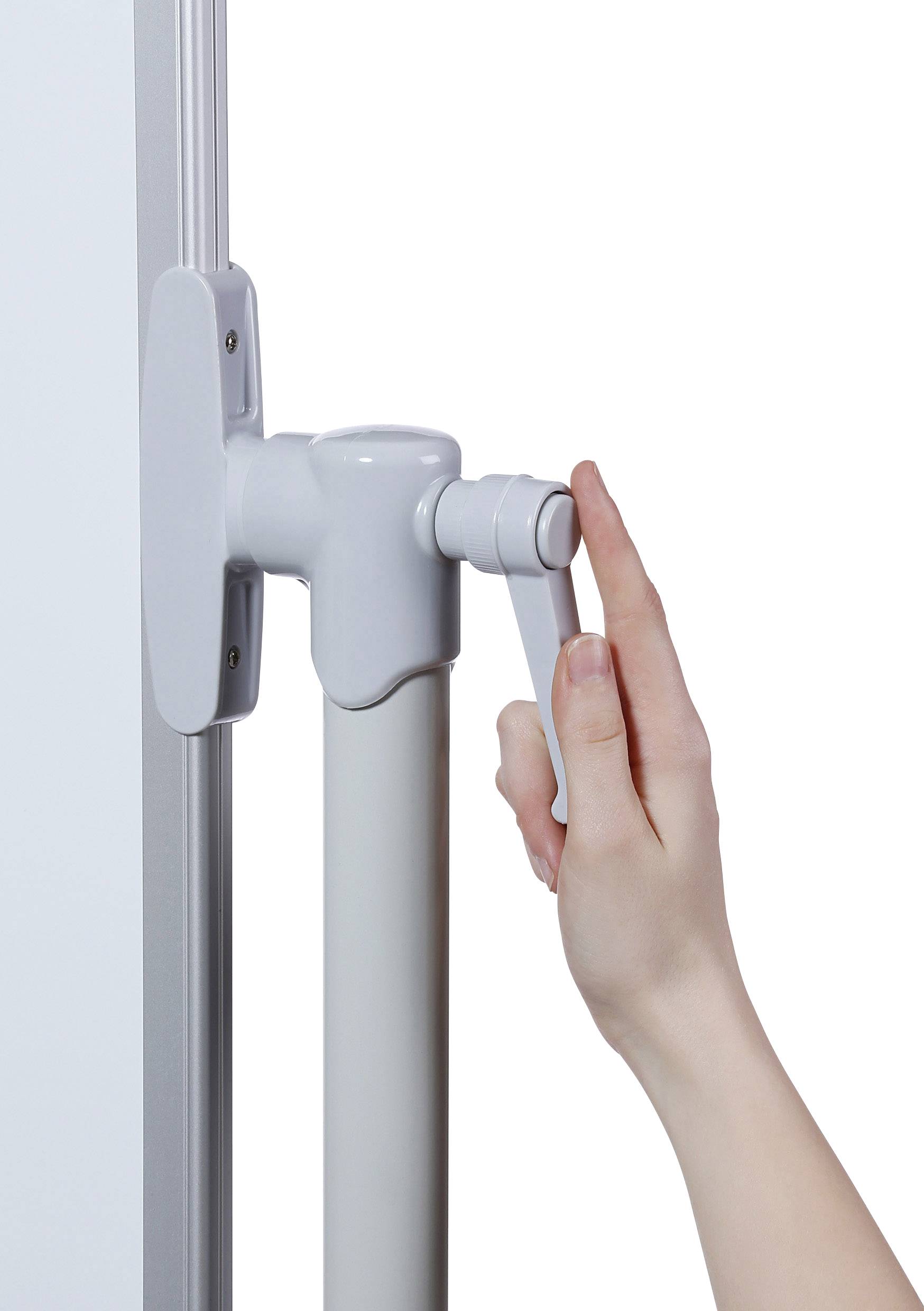 'Hand adjusts the lever on a white board stand', demonstrates adjustment mechanism.