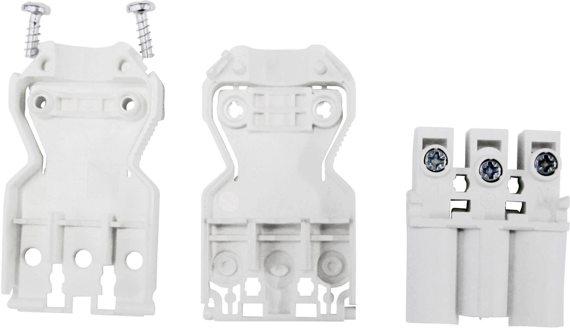 Three white plastic components with screws that serve as parts of an electrical connector system.