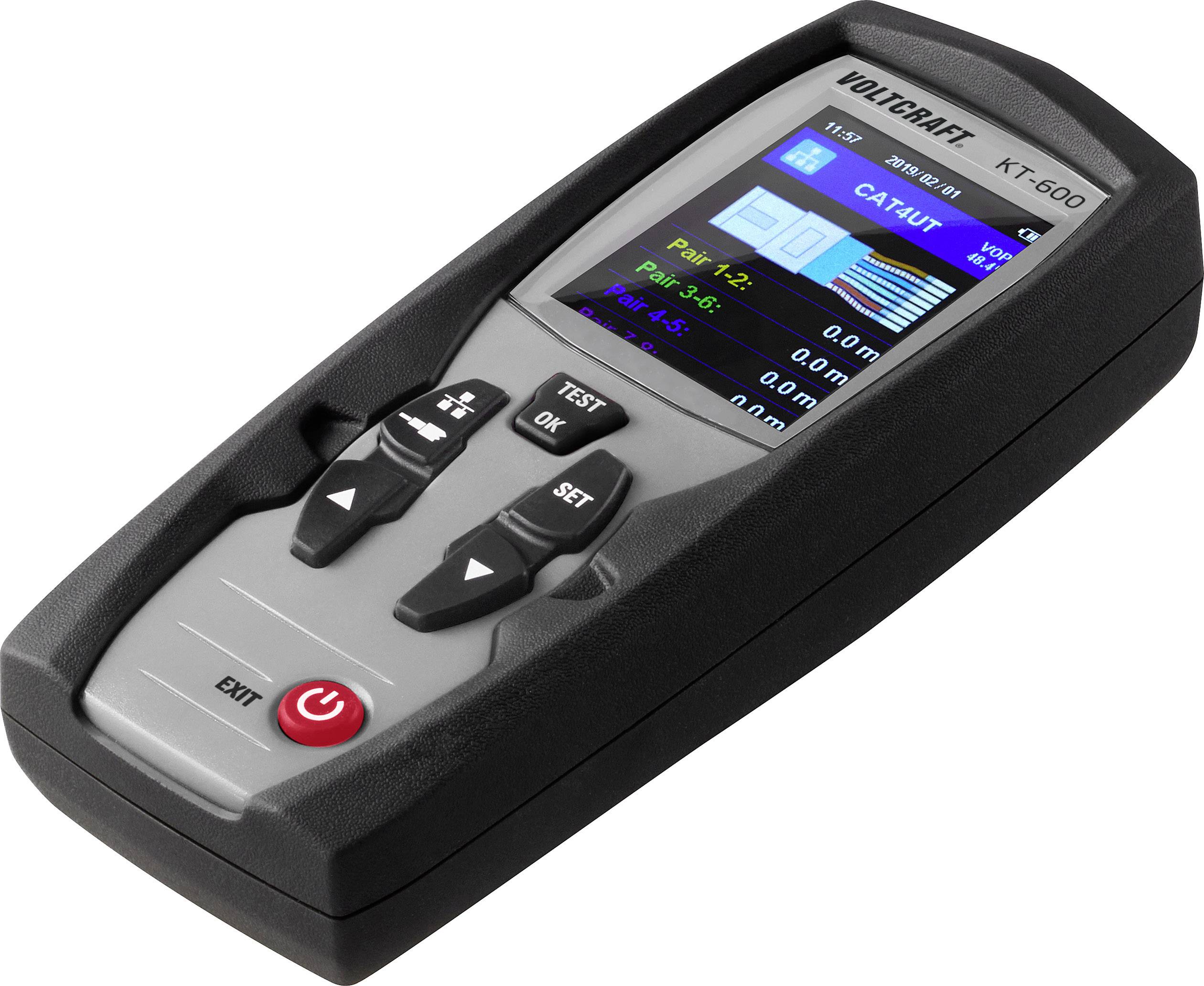 The image shows a portable device for voltage and cable testing with a digital colour display and multiple buttons for operation.