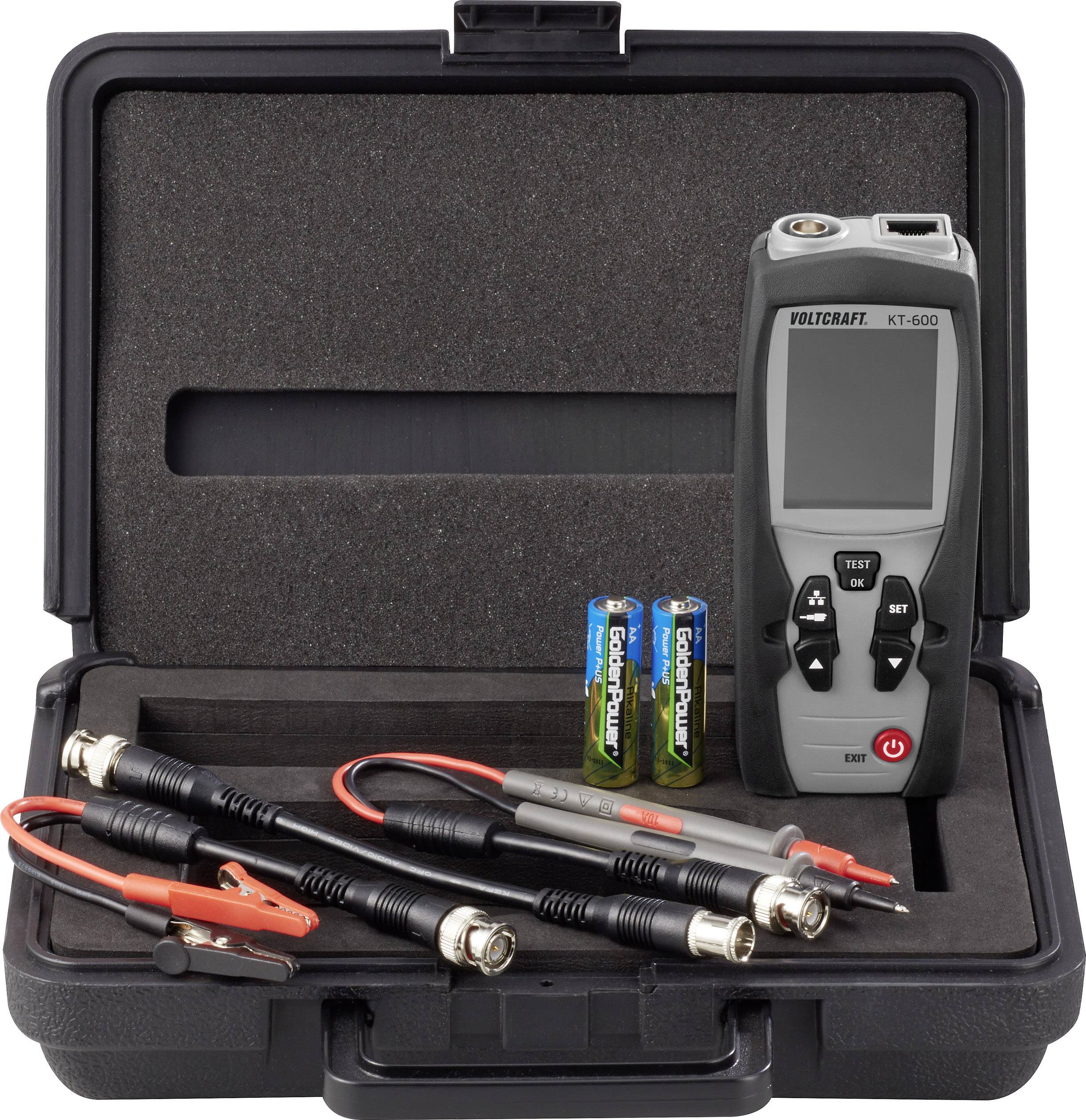 A multifunctional test device in an open case with batteries and cable accessories, which is suitable for electronic measurements.