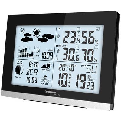 A digital weather display shows indoor and outdoor temperatures, humidity, air pressure, sunrise and sunset times, as well as moon phases.