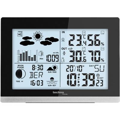 Weather station with digital display: Indoor temperature 23.4°C, humidity 56%. Outdoor temperature 30.6°C, humidity 70%. Moon phase, time and weather trend displayed.