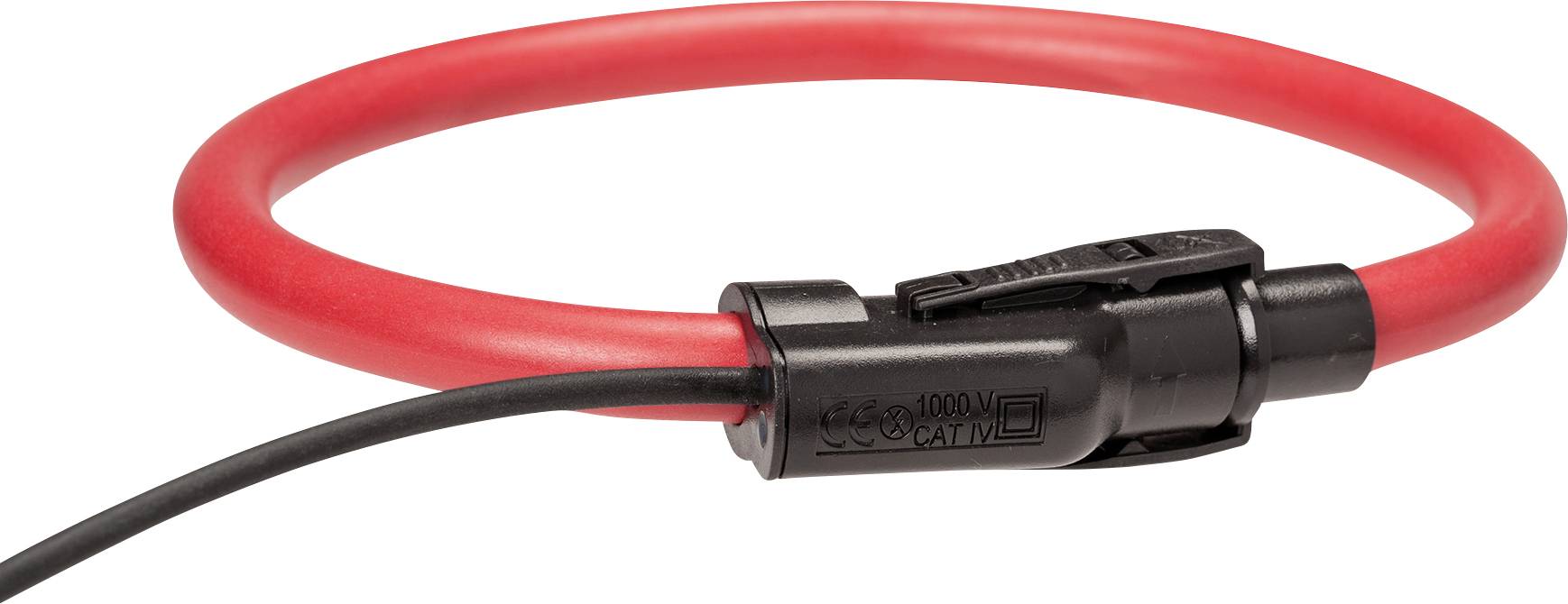 Red flexible current measuring device with black connection cable. Used for non-contact measurement of electrical currents.