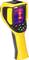 A yellow thermal imaging camera with a display showing a heat range in red and purple. Contains control buttons below the display.