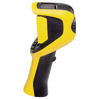 A yellow handheld device with a black handle and screen, possibly a barcode scanner, against a white background.