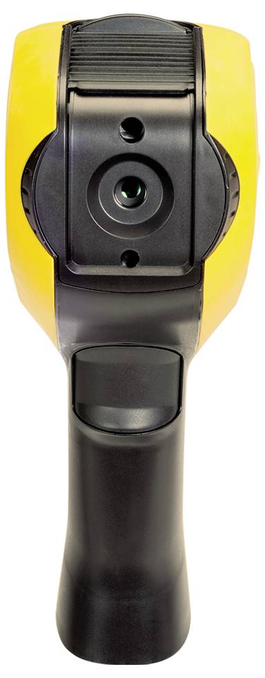 A handheld yellow and black infrared thermometer, pictured front-on, with a camera lens in the centre.