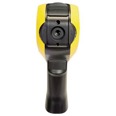 A handheld yellow and black infrared thermometer, pictured front-on, with a camera lens in the centre.