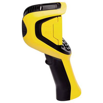 Yellow handheld scanner with an ergonomic grip, black control panel, and trigger. Suitable for storage and inventory management.