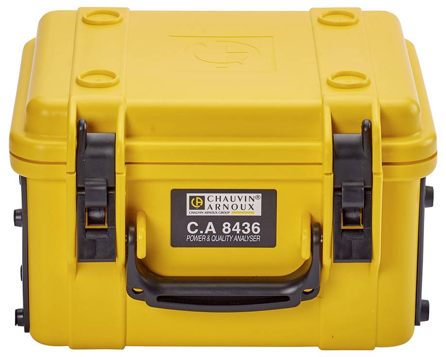 Yellow, robust suitcase with a black handle and locks. On the front side, the logo of the company 'Chauvin Arnoux' and the model number 'C.A 8436' are visible.