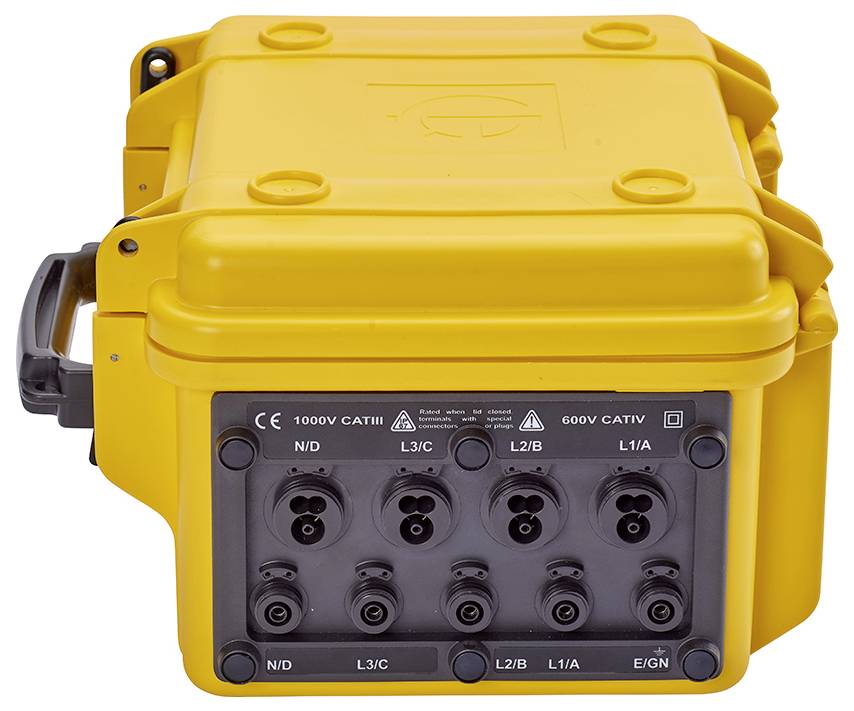 Yellow electrical junction box with multiple entries, labelled with voltage ratings and safety certifications.