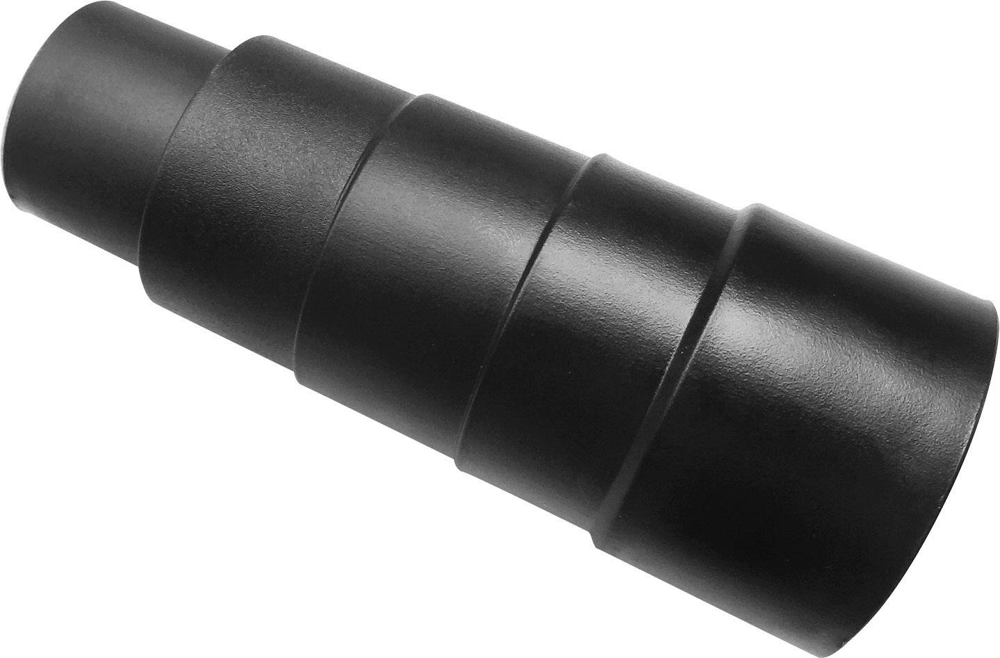 Black, cylindrical adapter with stepped sections, most likely a reducing piece for pipework or a vacuum cleaner.