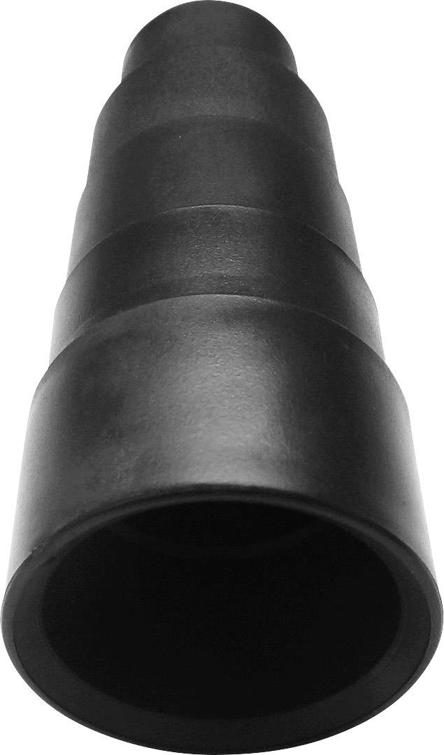 A black, tapered plastic pipe with graduated rings that become smaller as they progress upwards.
