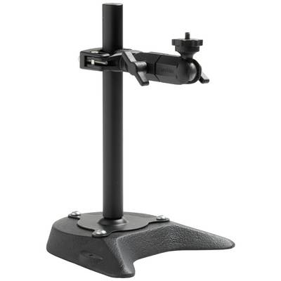 Adjustable stand with articulated arm and screw, suitable for holding cameras or devices, mounted on a stable black base.