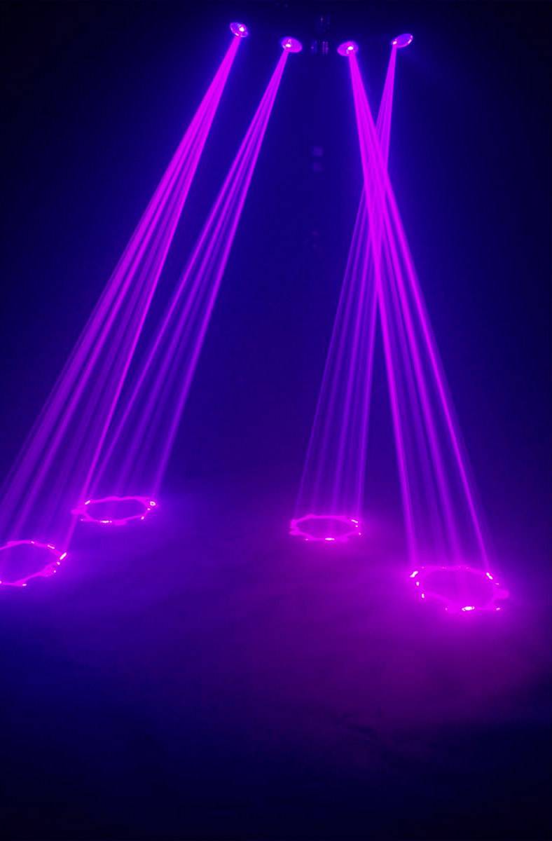 Lila light rays descend from top to bottom, creating circular patterns on a dark background.