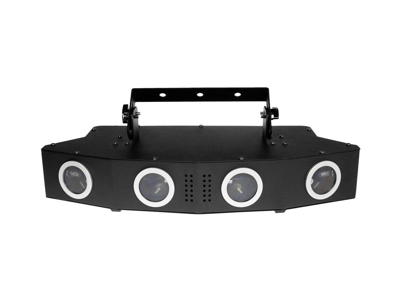 A black LED light effect with four circular light sources in an enclosure, mounted with an adjustable bracket.