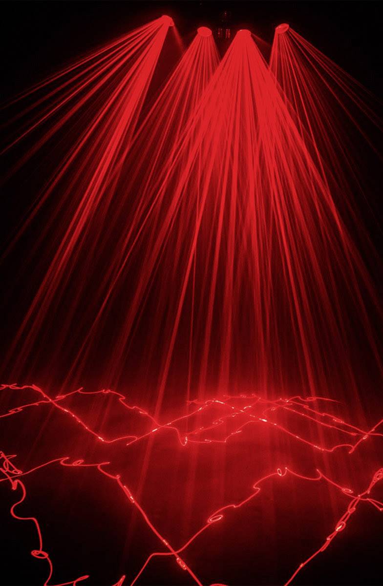 Several red light rays beam down from above, intersecting on the ground and creating a geometric pattern.