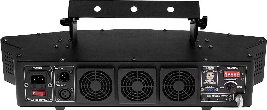 Back of a laser system with fans, power supply connection, DMX connections, and function buttons for controlling the light show.
